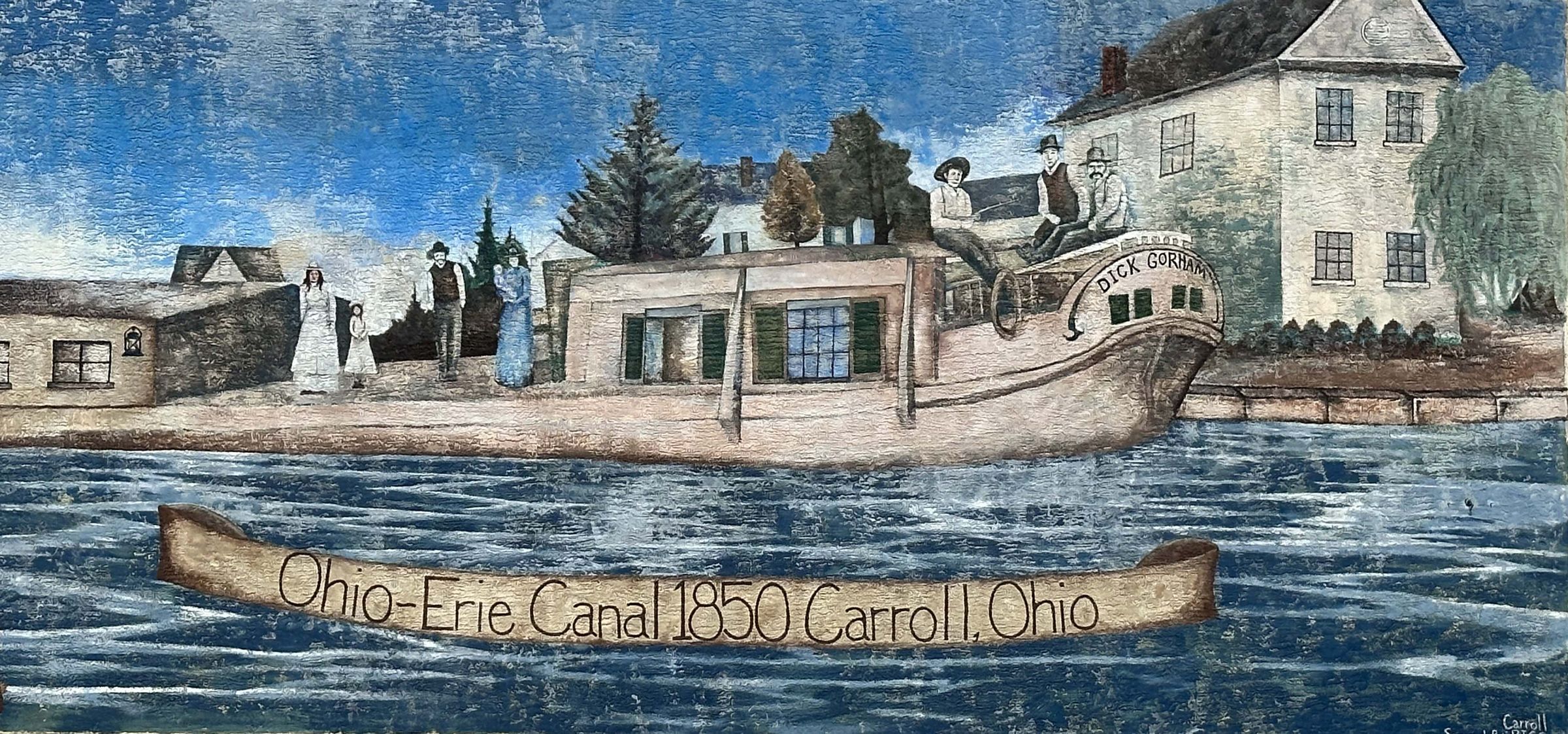 Ohio-Erie Canal 1850 Carroll, Ohio mural showing a canal boat and village residents